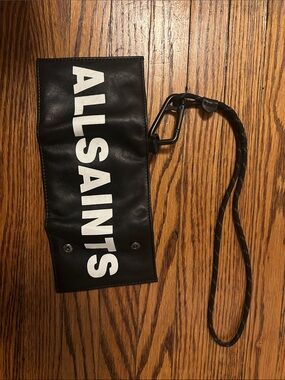 All Saints Black Leather Wrist Pouch with White Logo